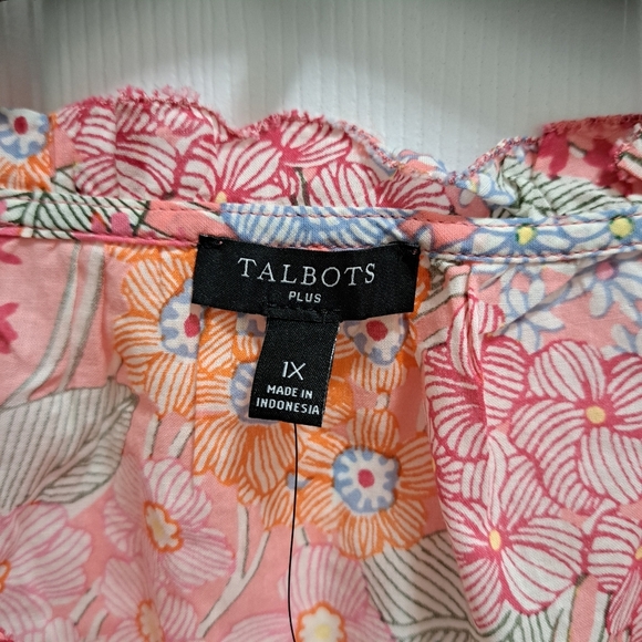 New! Talbots Shirt Womens 1X Vibrant Floral Ruffle Trim Split Neck Cotton Top - Picture 8 of 13